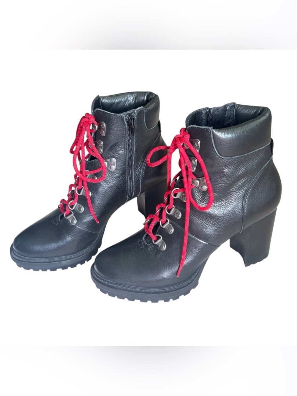 Lucky Brand Bradli Black Leather Heeled Hiker Boots Red Laces Size 8